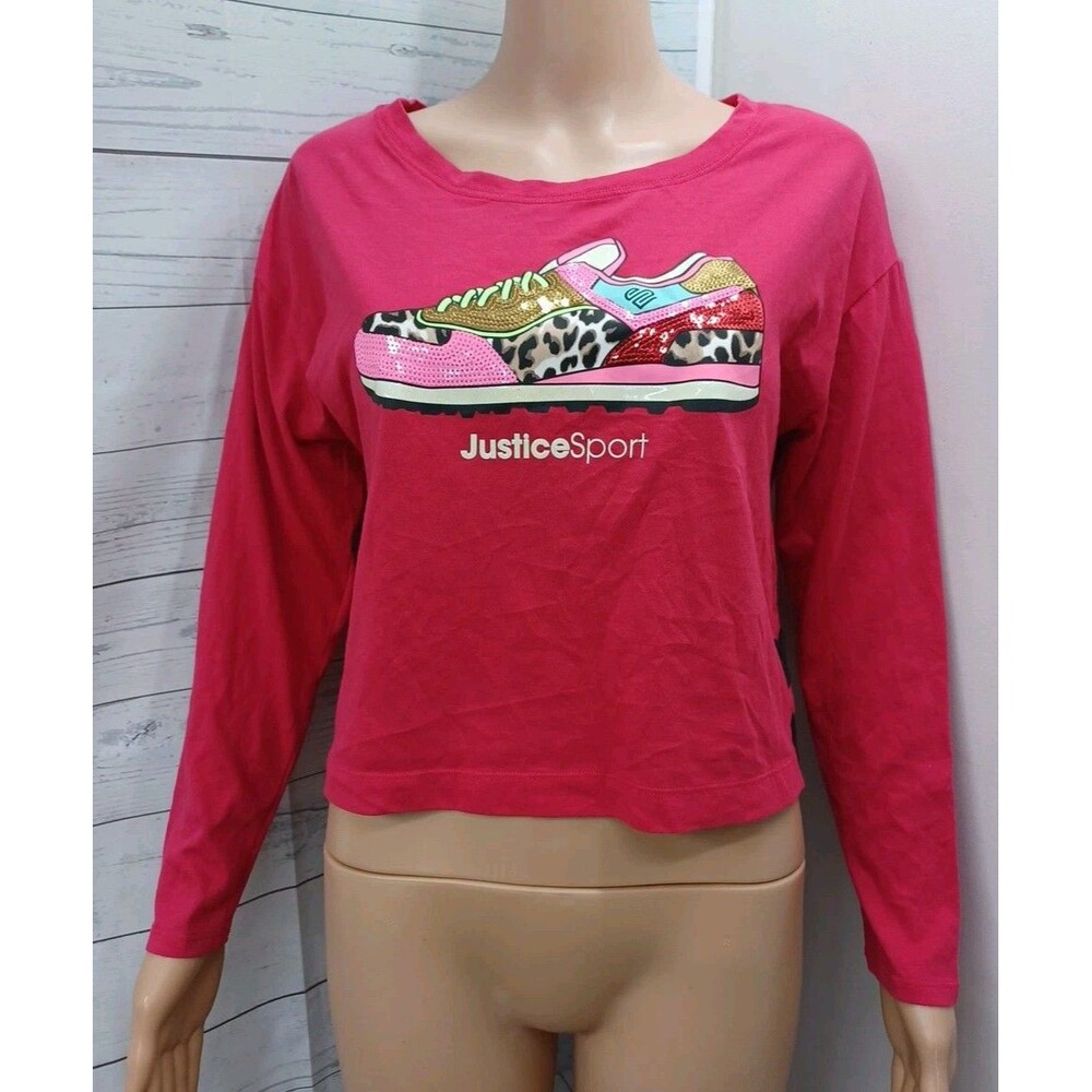 Justice Sport Crop Top Shirt Pink Tennis Shoe Long Sleeve Crew Sequin Sz L 12-14